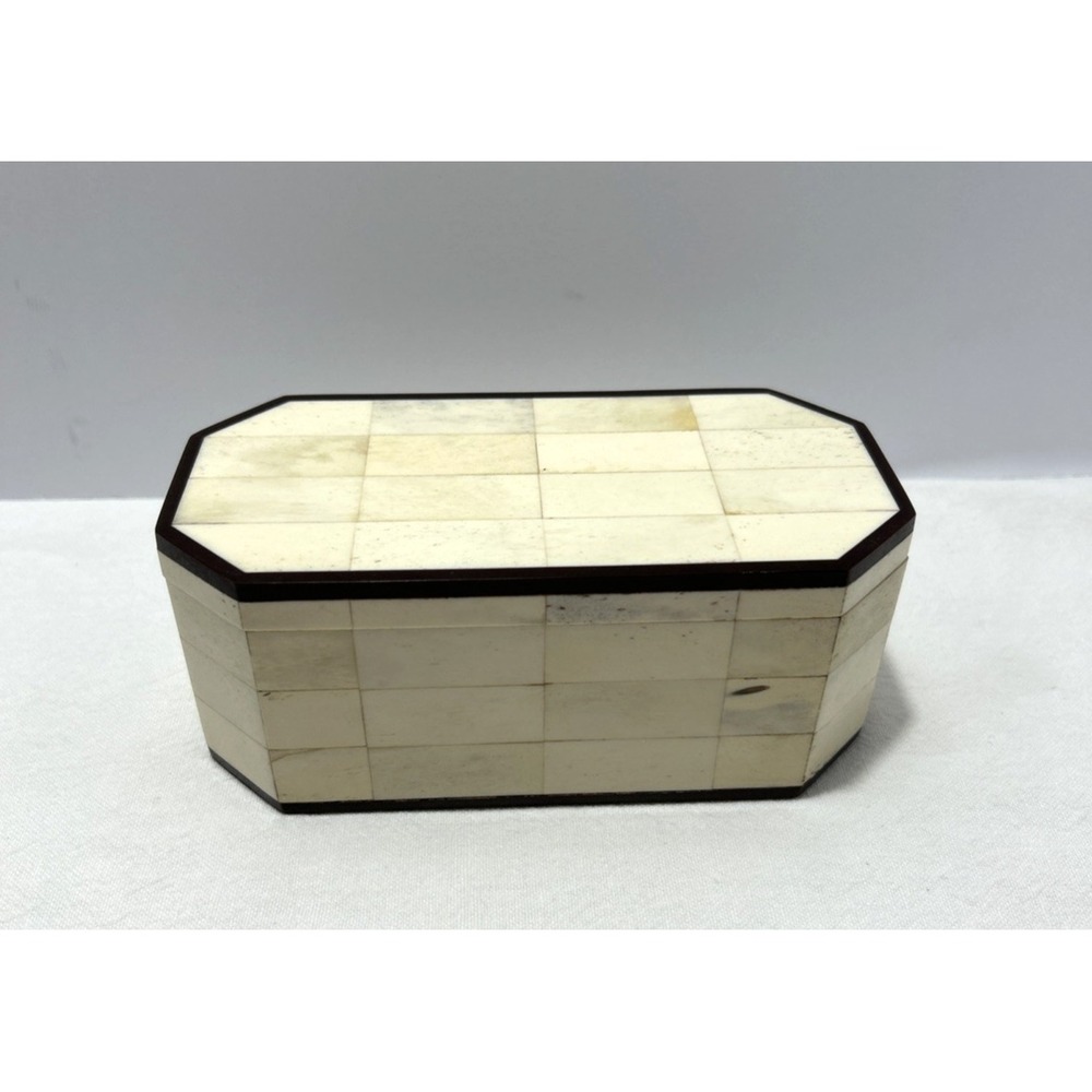 Vtg Tessellated Inlay Trinket Jewelry Box & Lid Ivory Brown Trim Octagon